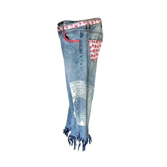 Fringed Upcycle Straight Leg Button Fly Jeans Size 28 - Picture 1 of 8